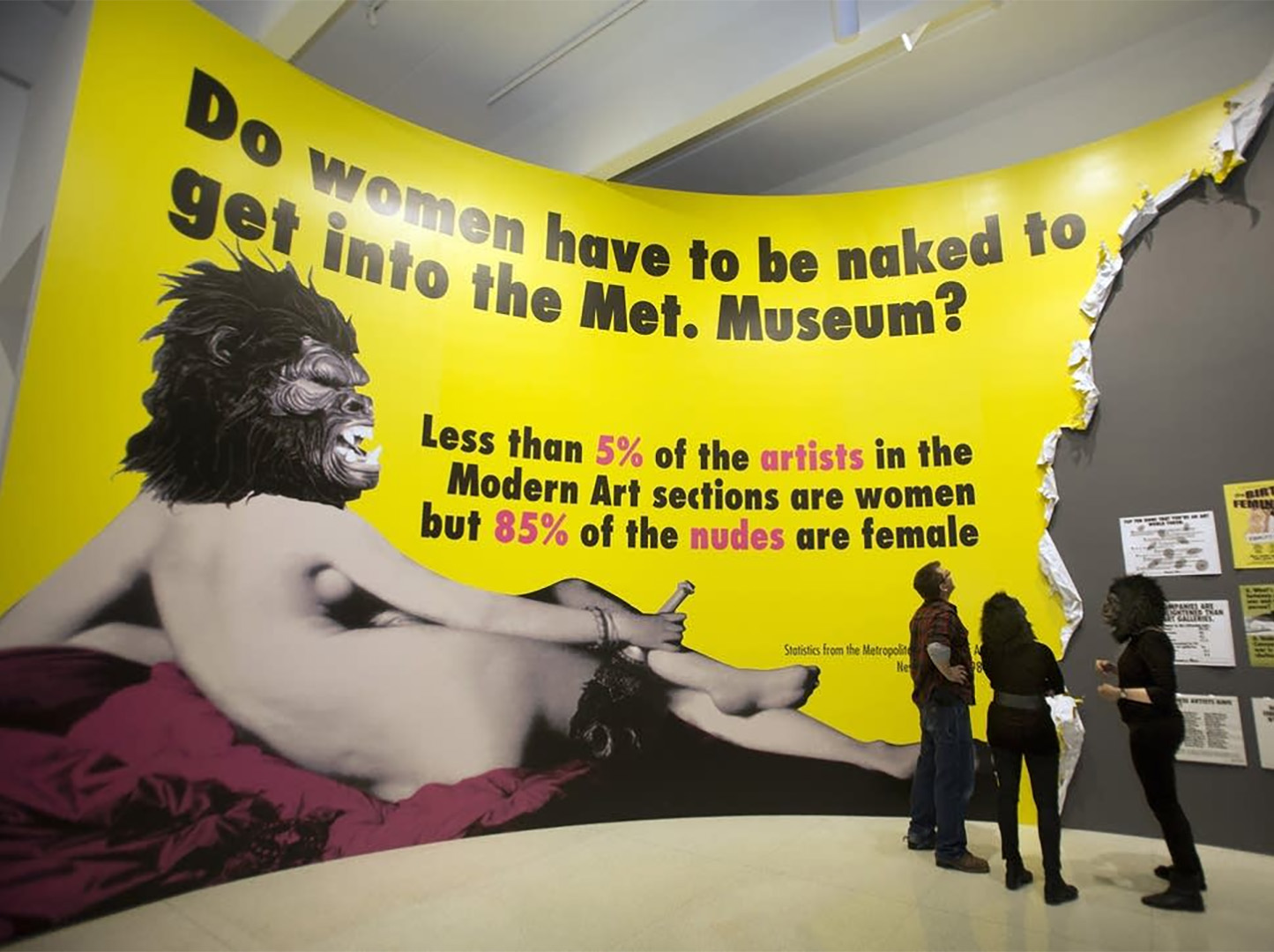 Guerilla Girls is a collective of anonymous female artists who have used malicious compliance and resistance to challenge sexism and inequality in the art world. One of their most famous works, "Do Women Have to Be Naked to Get into the Met Museum?" (1989), followed advertising conventions but subverted them by exposing gender disparities in museum collections.