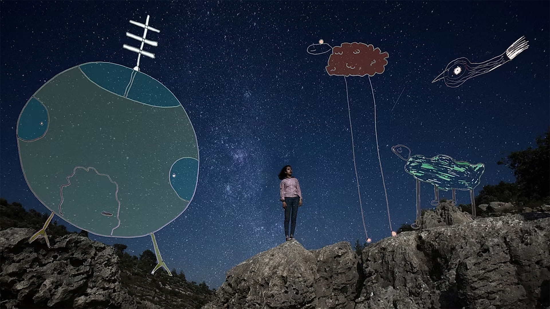 Combined live and animation frame from the short film "Wall Piano."