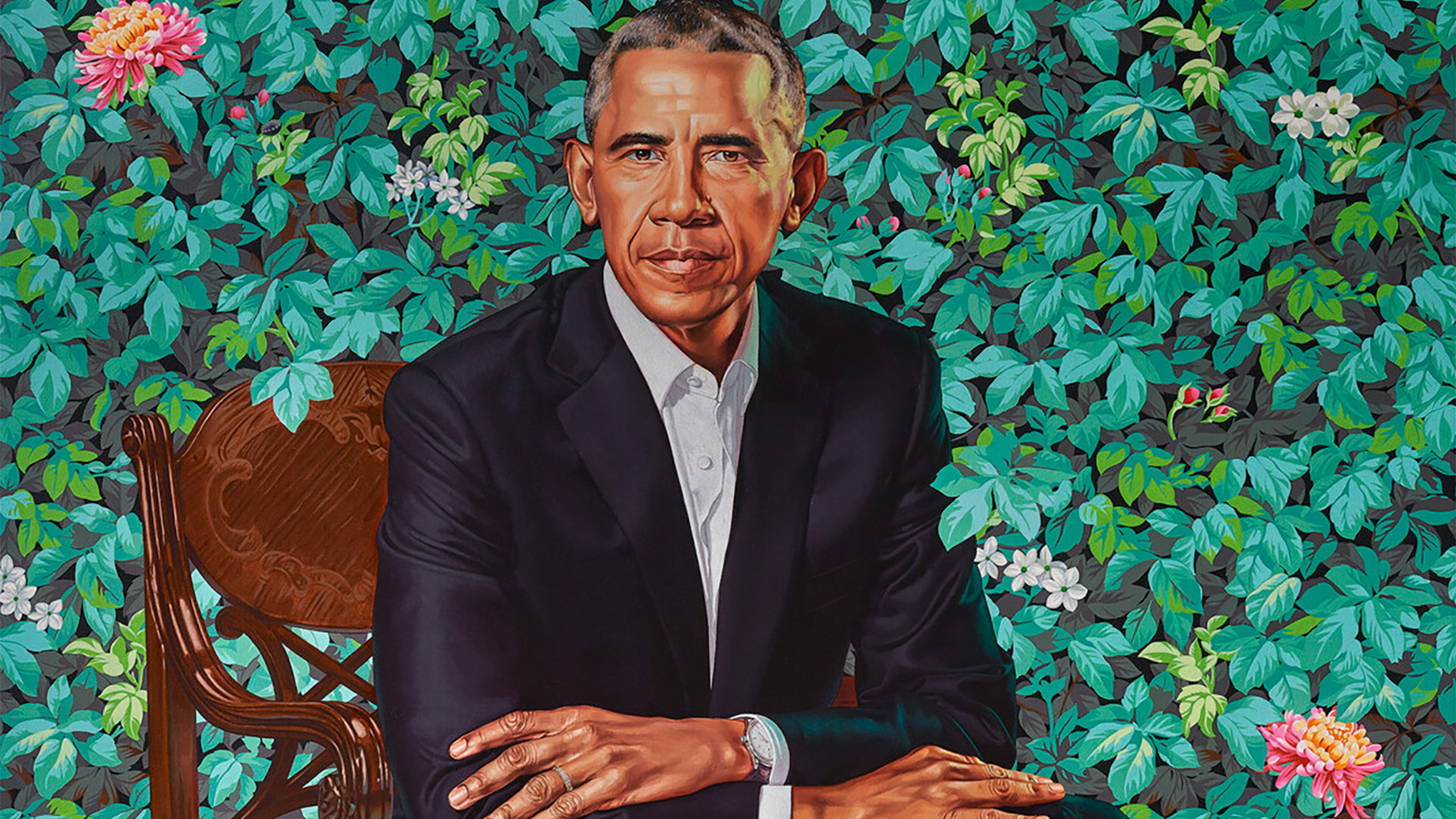 Detail from Official Portrait of President Barack Obama by Kehinde Wiley (2018).