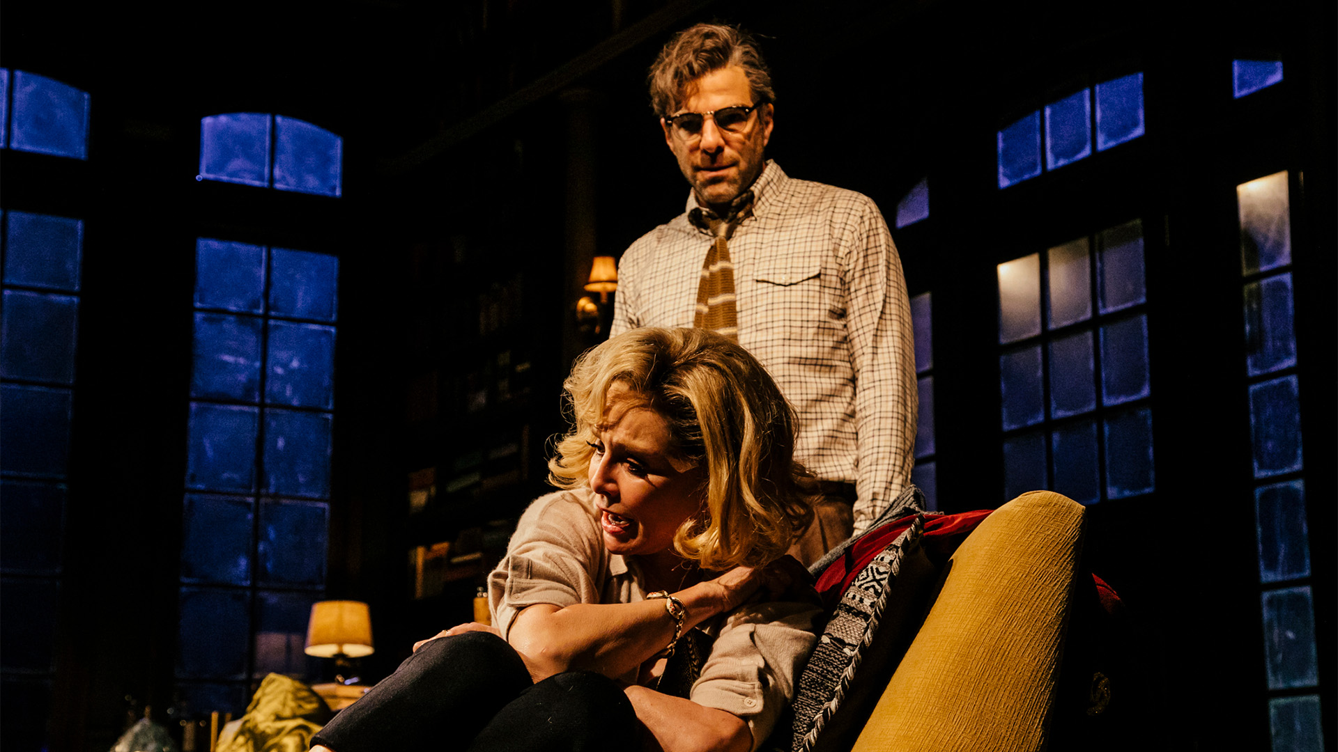 Calista Flockhart and Zachary Quinto in Edward Albee’s Who’s Afraid of Virginia Woolf? at Geffen Playhouse.