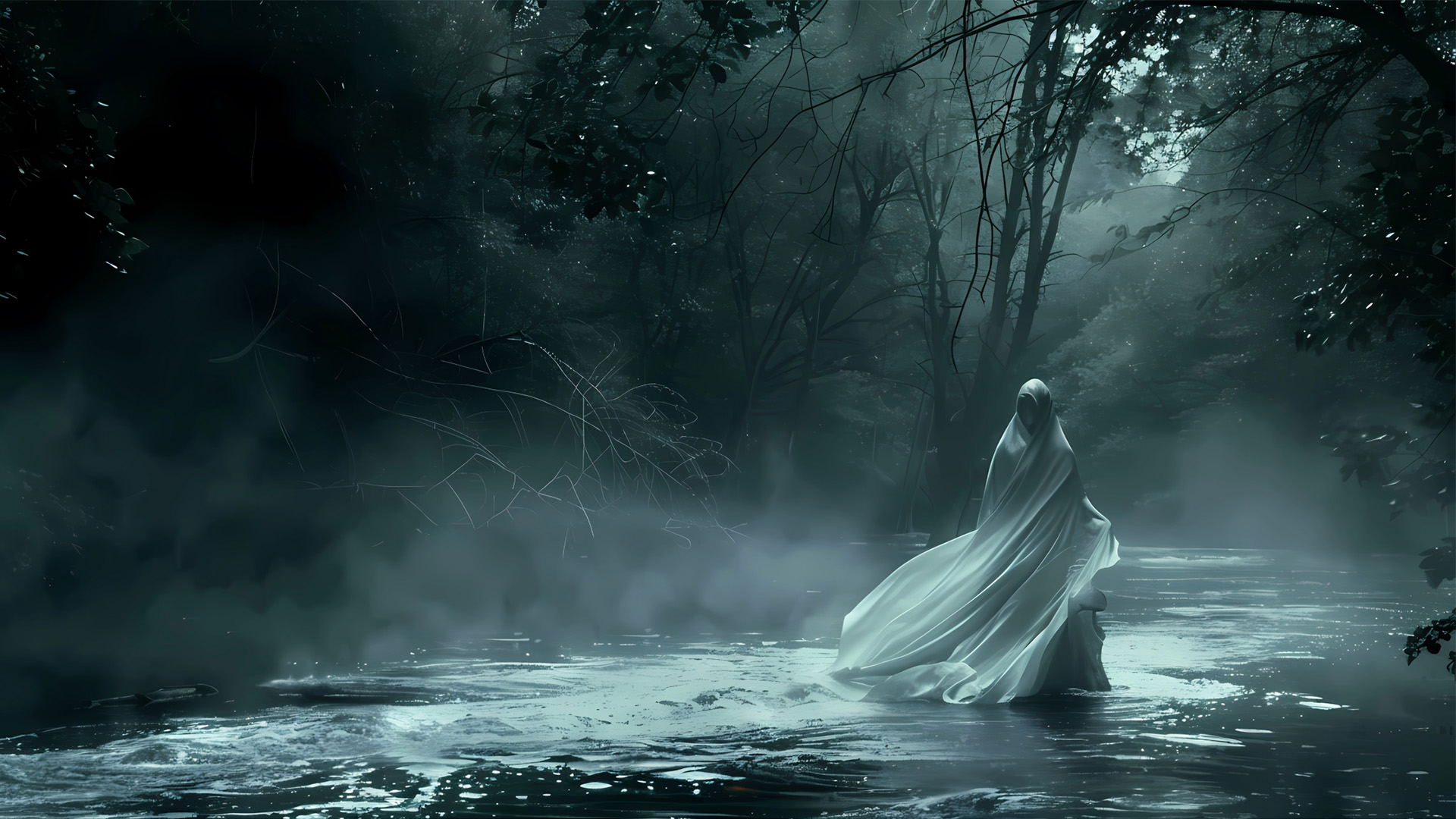 La Llorona at the riverbank, searching for what she destroyed.
