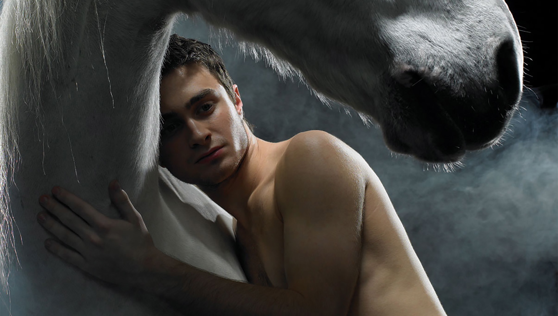 Promotional photo of Daniel Radcliffe for the 2007 West End production of Equus, exploring guilt, passion, and scapegoating.