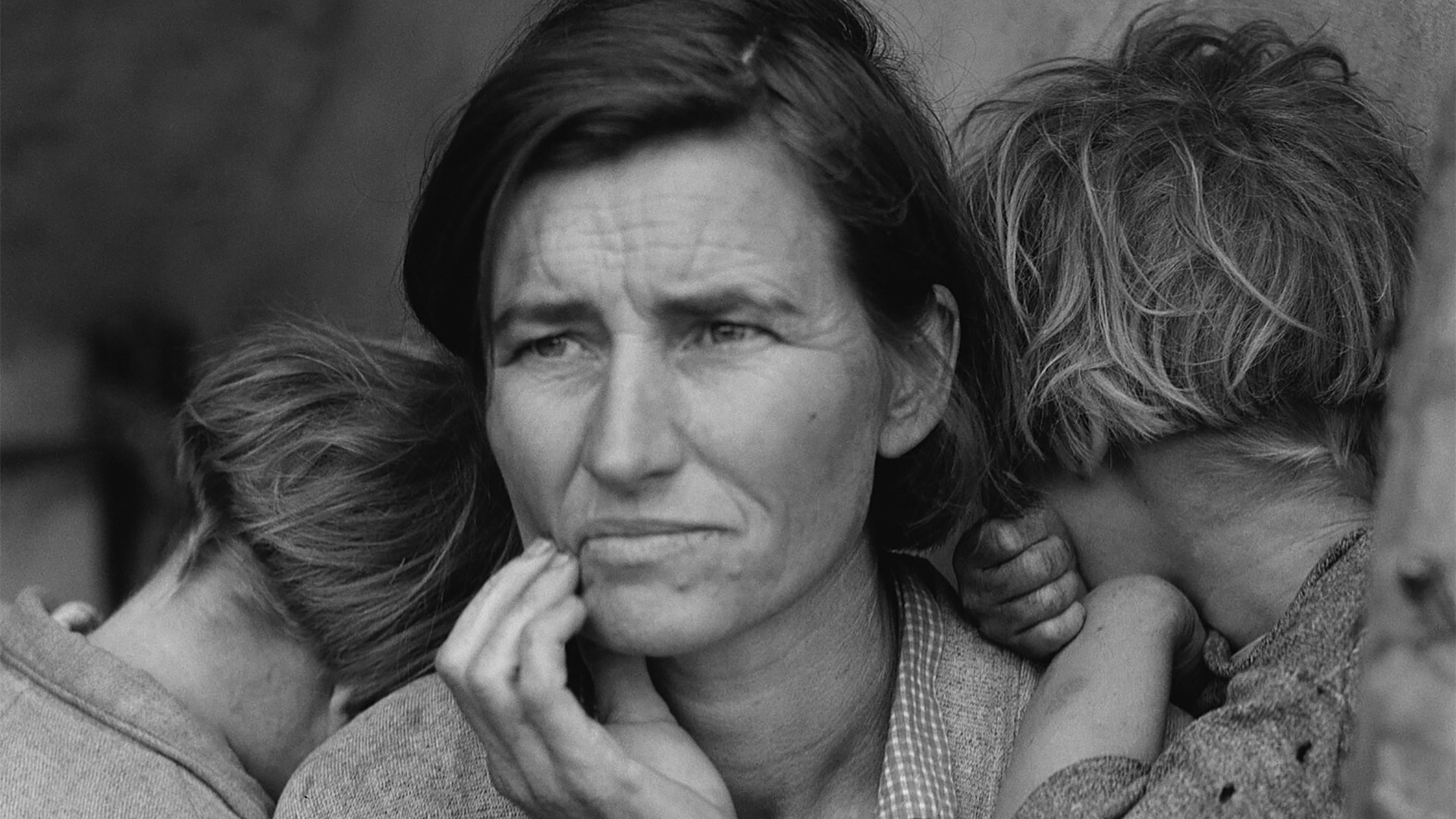 Detail from Dorothea Lange’s Migrant Mother, showing Florence Thompson and her children during the Great Depression.