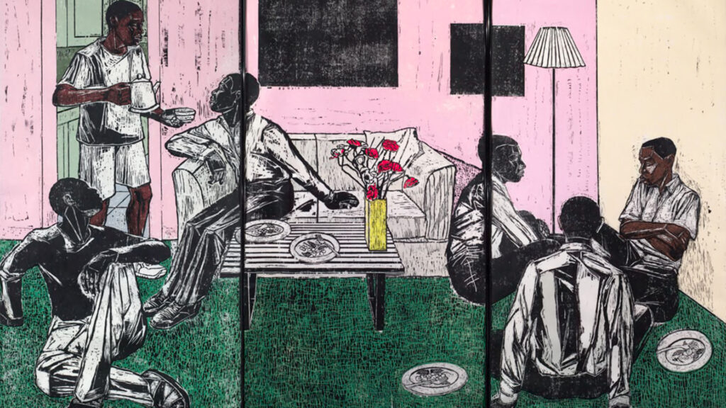Detail from Kerry James Marshall’s Untitled (1998), a multi-panel color woodcut portraying